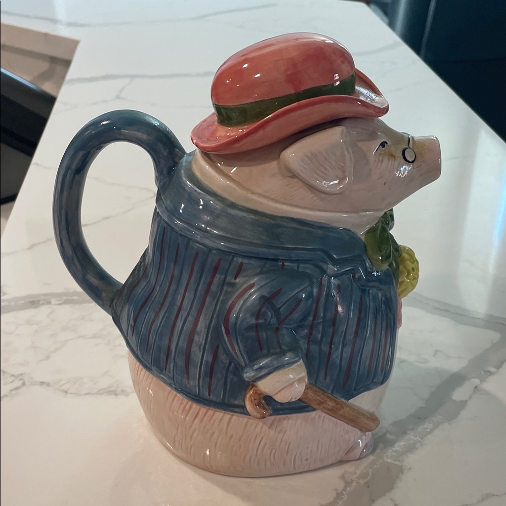 1987 Fitz and Floyd Ceramic Gentlemen Grandpa Pig Teapot - Picture 4 of 9